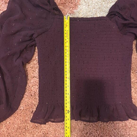 NWT $68 EXPRESS Smocked Top Sheer Burgundy Puff Sleeves w/ Shoulder Pads Sz XS - Picture 6 of 7